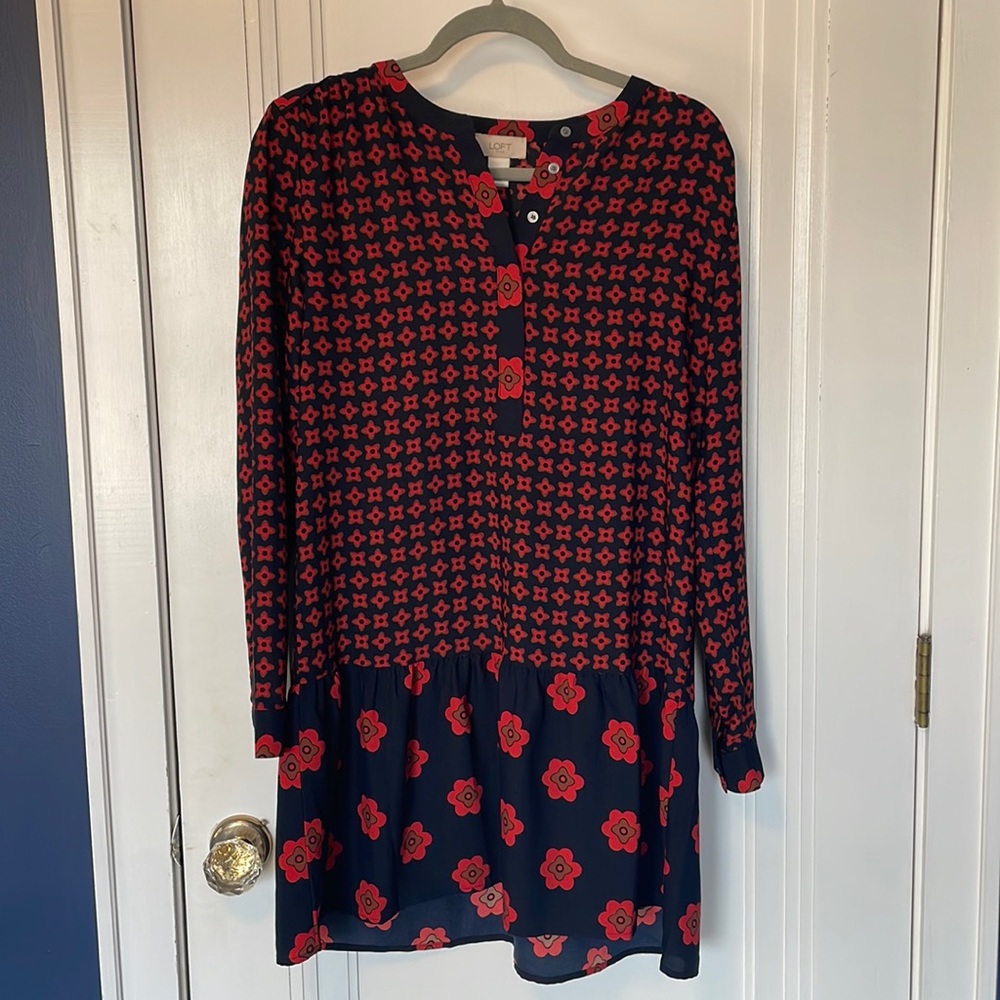 Loft blue and red floral drop waist dress